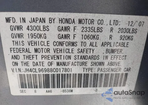 2008 Acura Tsx из США, поврежденный, VIN JH4CL96988C017801